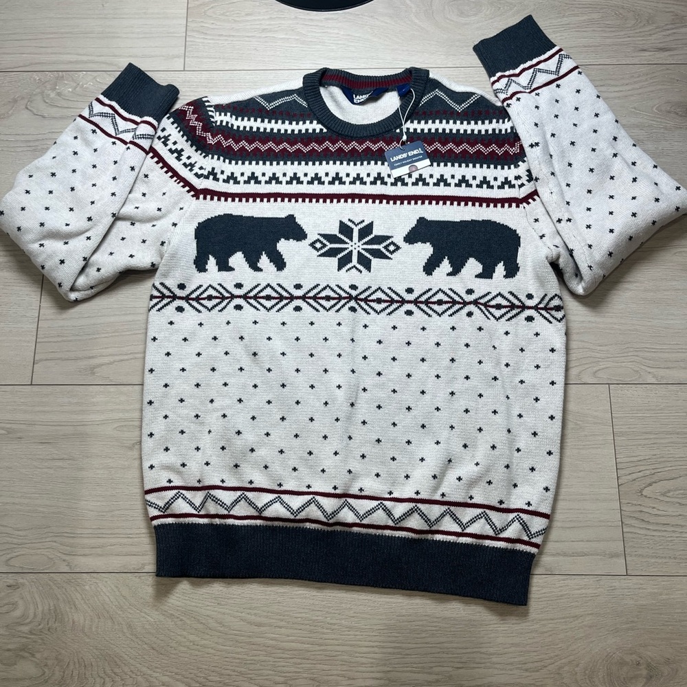 Land’s End Holiday Polar Bear Snowflake Knit Sweater Size L 💯 Cotton NWT